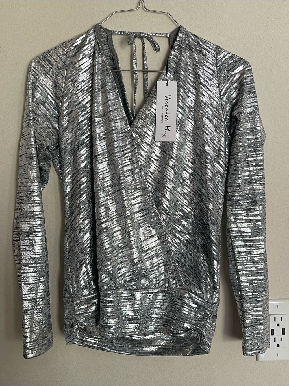 Veronica M Silver Metallic Wrap-Front Top new with tags size XS